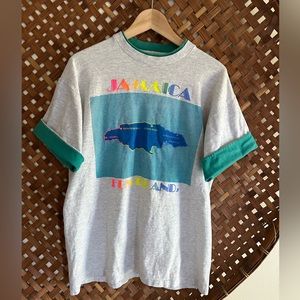 Vintage Tshirt Jamaica double collared heather and rainbow rolled sleeve